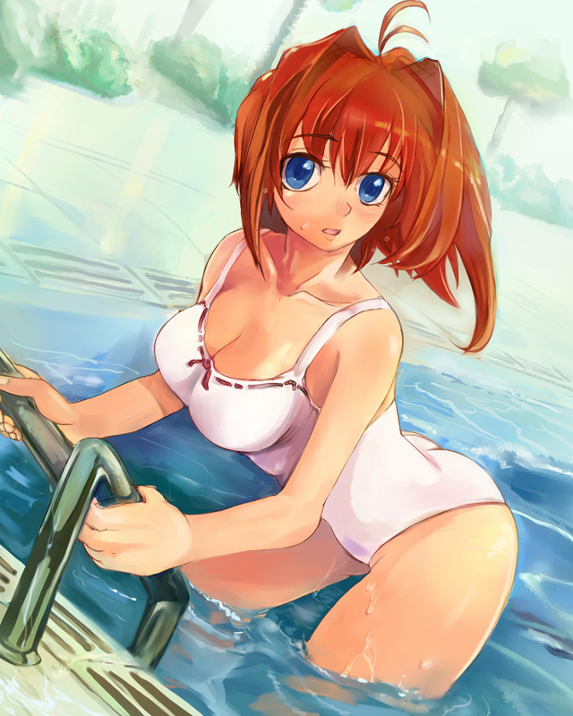 ahoge blue_eyes breasts cleavage large_breasts one-piece_swimsuit original pool red_hair short_hair solo suoni_(deeperocean) swimsuit water wet white_swimsuit