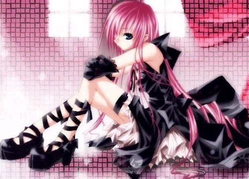 blue_eyes gothic gothic_lolita jpeg_artifacts leg_garter lolita_fashion long_hair lowres mame_ringo original pink_hair solo