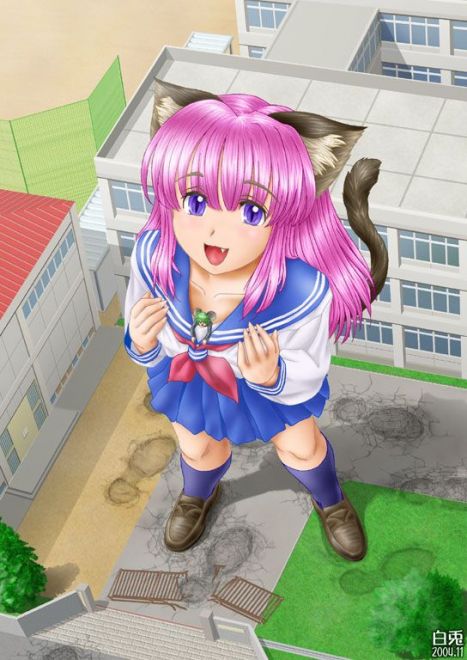 animal_ears cat_ears cat_tail eichikei_(hakuto) fang giantess nekomimi school_uniform serafuku tail