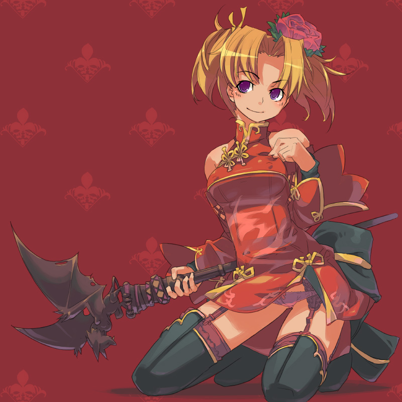 black_legwear breasts china_dress chinese_clothes copyright_request covered_nipples dress flower garter_belt hair_flower hair_ornament kneeling medium_breasts panties panty_pull polearm purple_eyes rose solo super_zombie thighhighs underwear weapon