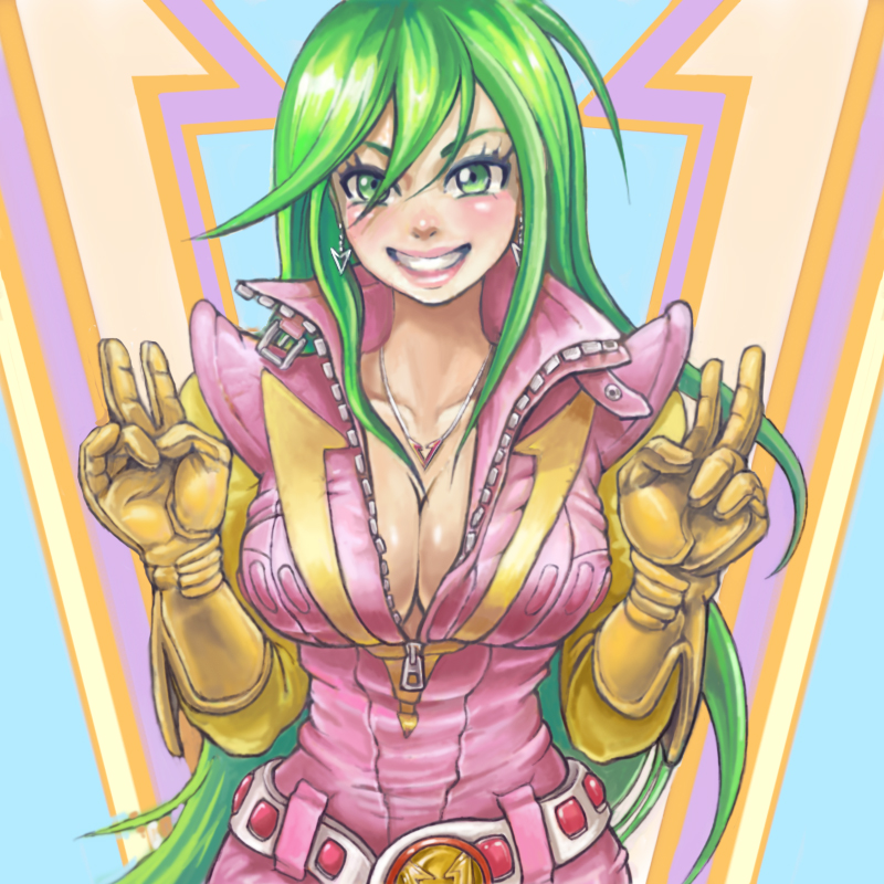 belt bodysuit breasts choudenji_robo_combattler_v cleavage earrings gloves green_eyes green_hair jewelry large_breasts lipstick makeup nanbara_chizuru necklace pink_bodysuit pipipi smile solo v