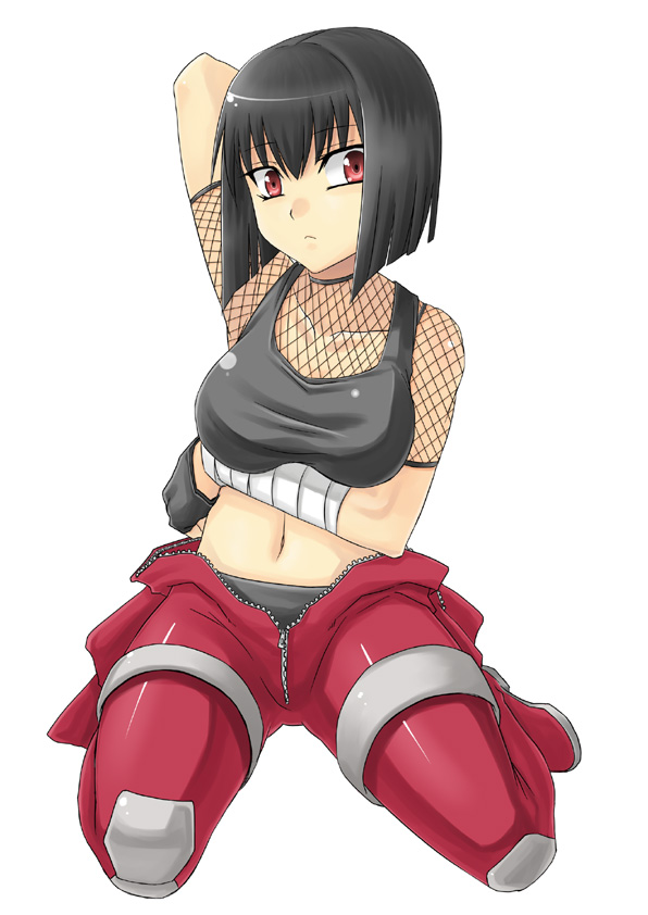 armpits black_hair breast_hold breasts copyright_request fishnets large_breasts midriff minarai red_eyes short_hair solo unzipped zipper