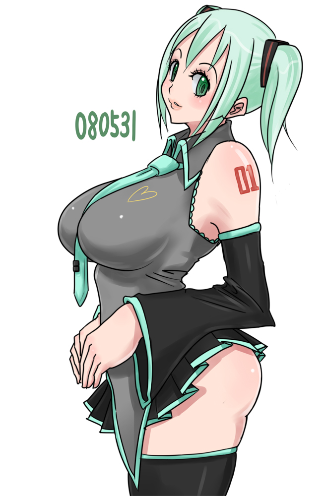 bad_id bad_pixiv_id breasts detached_sleeves green_eyes green_hair hatsune_miku huge_breasts monmonism necktie short_hair skirt solo thighhighs twintails vocaloid