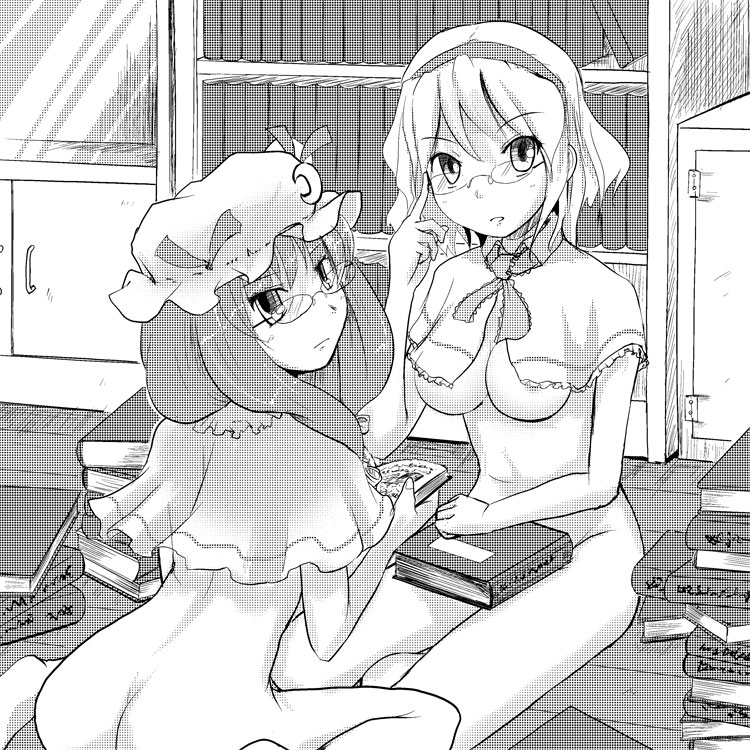 &gt;:( alice_margatroid areolae ass bespectacled bonnet book book_stack bookshelf bottomless breasts capelet frown glasses greyscale hairband hat indoors kou_(haijindeath) long_hair looking_at_viewer looking_back medium_breasts monochrome multiple_girls no_bra open_book patchouli_knowledge short_hair sitting touhou underboob v-shaped_eyebrows wariza yokozuwari yuri