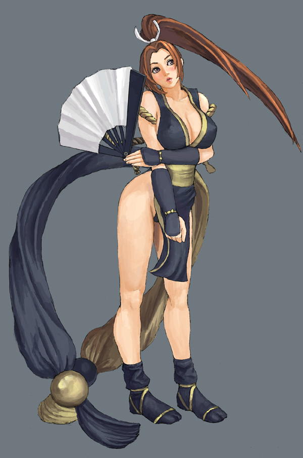 bad_id bad_pixiv_id blush breasts brown_hair cleavage fan fatal_fury folding_fan iwauchi_tomoki japanese_clothes large_breasts legs long_hair pelvic_curtain ponytail shiranui_mai solo the_king_of_fighters