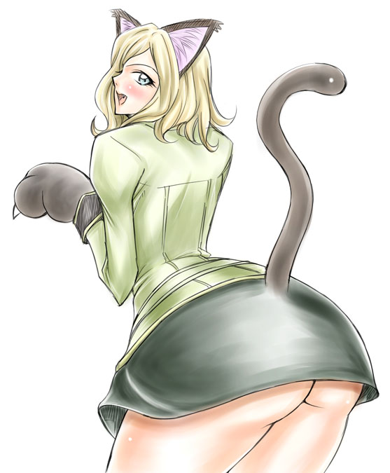 animal_ears ass blonde_hair blue_eyes cat_ears cat_tail code_geass dunga fang looking_back milly_ashford no_panties paws short_hair solo tail