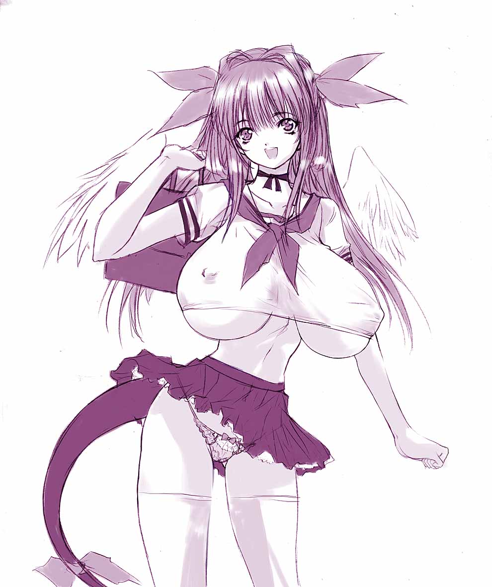 bad_proportions bag bow breasts choker covered_nipples dizzy guilty_gear hair_ribbon huge_breasts long_hair midriff monochrome navel no_bra open_mouth panties q_azieru ribbon ribbon_choker school_uniform shirt simple_background skirt solo standing tail tail_ribbon taut_clothes taut_shirt thighhighs underboob underwear wings