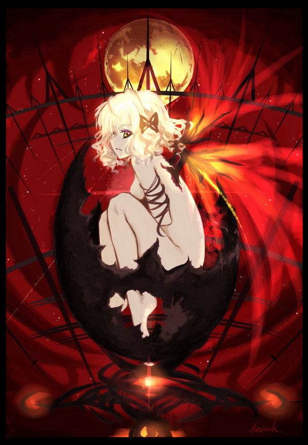 barefoot bell_zephyr blonde_hair illusionk moon night_wizard nude short_hair solo wings yellow_eyes