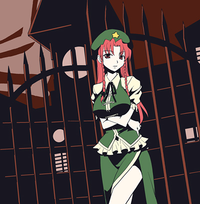 braid breast_hold breasts hat hong_meiling large_breasts long_hair lowres red_eyes red_hair ribbon solo touhou twin_braids