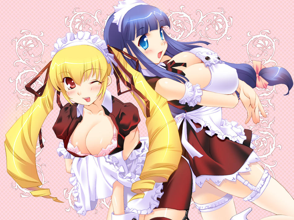 :d ;d apron arm_garter ass ass-to-ass ass_to_ass back-to-back bangs bb blue_eyes blue_hair blunt_bangs blush bow bra breast_hold breasts checkered checkered_background cleavage drill_hair erect_nipples frills fuutou_shizune garter_straps hair_bow hair_ribbon high_heels huge_breasts kinmedai_pink large_breasts leaning_forward leg_lift lingerie long_hair looking_at_viewer looking_back maid maid_apron maid_headdress multiple_girls one_eye_closed open_mouth oshioki_sweetie payot pink_bra ponytail red_eyes ribbon shinmeiji_rinn shiny shiny_hair shoes sideboob sidelocks smile standing standing_on_one_leg thighhighs twin_drills underwear waist_apron wink wrist_cuffs zettai_ryouiki