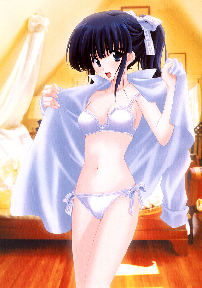 :d bangs bed bedroom blue_eyes blue_hair blunt_bangs blush bow bra breasts chair curtains dress_shirt fang girls_bravo hair_between_eyes hair_bow highres indoors koyomi_hare_nanaka lace lace-trimmed_bra lace-trimmed_panties lace-trimmed_ribbon lamp lingerie long_hair looking_at_viewer mario_kaneda medium_breasts navel non-web_source official_art open_clothes open_mouth open_shirt panties photo_(object) photo_background ponytail ribbon scan scan_artifacts shirt side-tie_panties sideboob sidelocks smile solo standing sunlight sweatdrop underwear undressing white_bra white_panties wooden_floor
