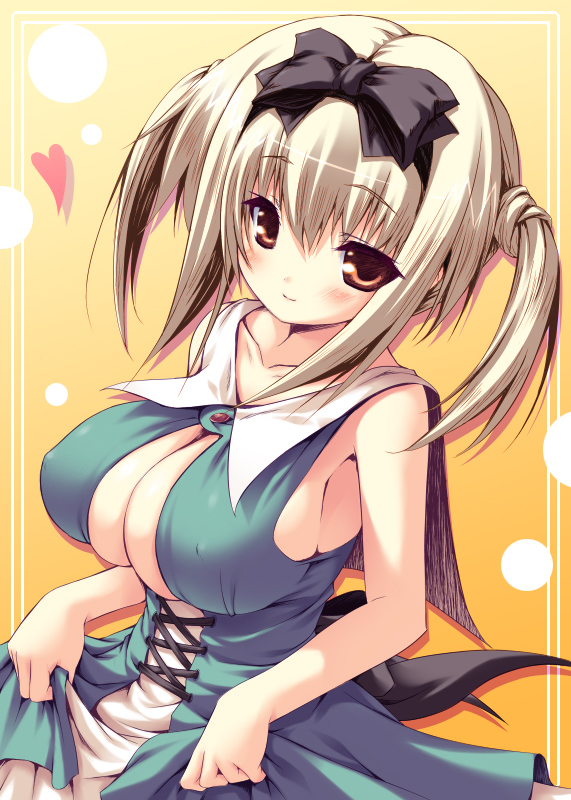2-g blonde_hair blush bow breasts brown_hair cleavage covered_nipples dress hair_bow hair_ornament heart huge_breasts orange_eyes original ribbon short_hair smile solo twintails