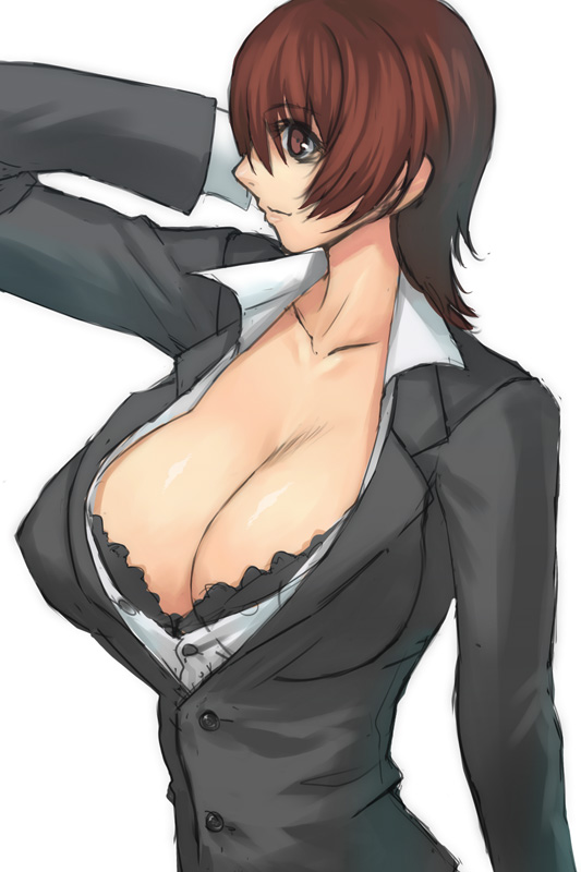 black_bra bra breasts brown_eyes brown_hair business_suit cleavage copyright_request formal hair_over_one_eye huge_breasts lace lace-trimmed_bra lingerie office_lady ran'ou_(tamago_no_kimi) short_hair solo suit underwear