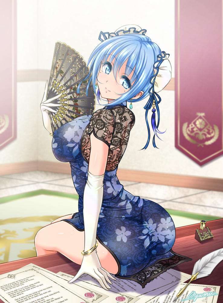 1girl ayumu_(ayumumkrg) blue_dress blue_eyes blue_hair blue_lotus_(flower_knight_girl) bun_cover china_dress chinese_clothes closed_mouth desk dress earrings elbow_gloves erect_nipples fan floral_print flower_knight_girl folding_fan gloves holding holding_fan jewelry looking_at_viewer mole mole_under_eye print_dress short_hair sitting smile solo white_gloves