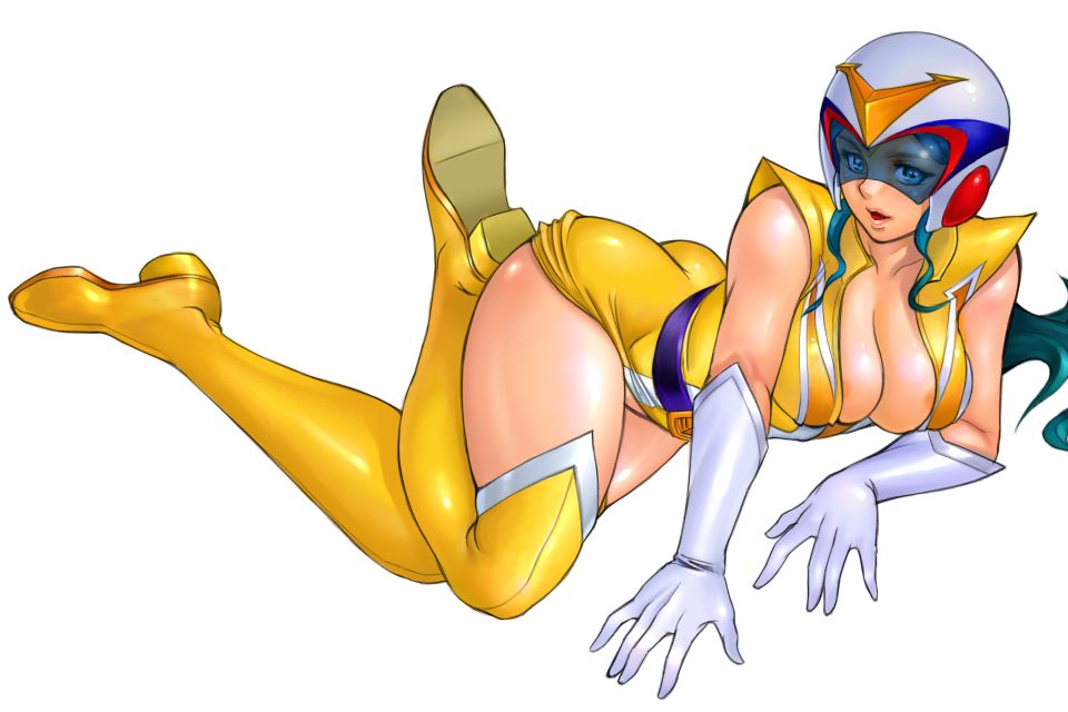 ass belt blue_hair boots breasts choudenji_machine_voltes_v cleavage gloves helmet large_breasts lipstick makeup oka_megumi skin_tight smile solo thigh_boots thighhighs visor zen_and_retro