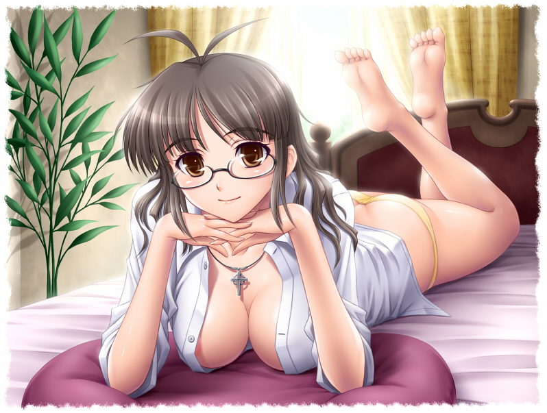 akizuki_ritsuko amane_(funfun) antenna_hair areolae barefoot bed black_hair breasts brown_eyes cleavage cross feet glasses hair_down idolmaster idolmaster_(classic) idolmaster_1 jewelry large_breasts lying necklace no_bra on_stomach open_clothes open_shirt panties shirt sleeves_rolled_up smile soles solo underwear yellow_panties