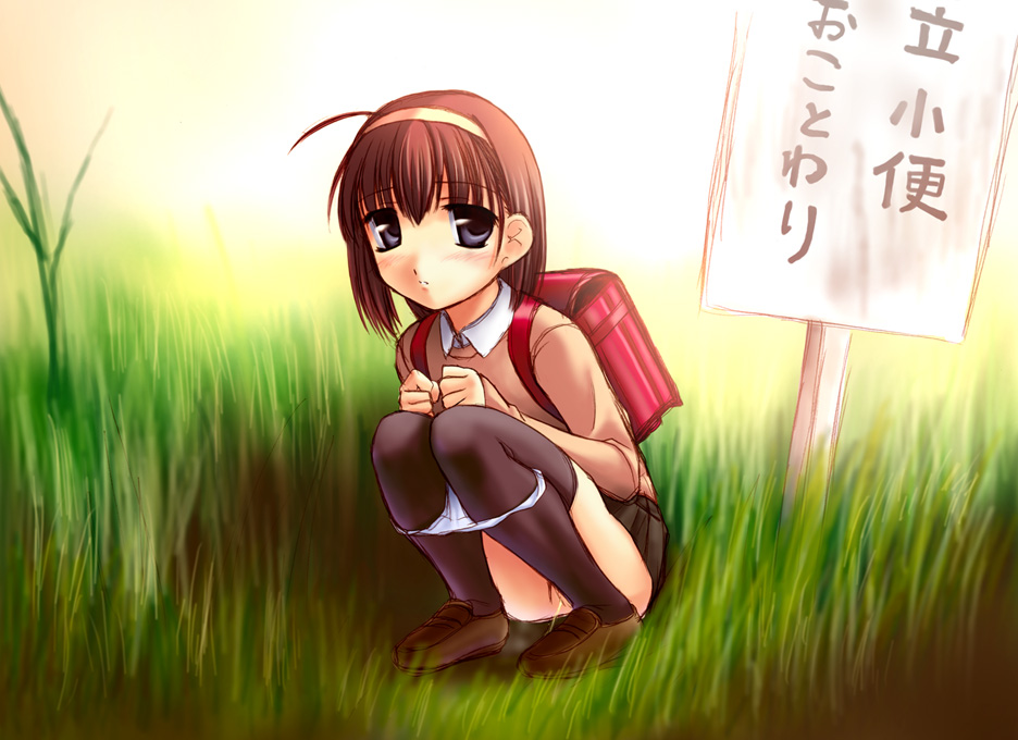 blue_eyes brown_hair copyright_request norizou_type-r outdoors panties panty_pull pee peeing pussy school_uniform solo thighhighs translated underwear