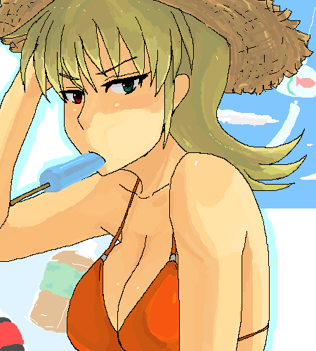 artist_request bikini blonde_hair breasts cleavage food green_eyes hat heterochromia katina_tarask large_breasts lowres popsicle red_eyes solo straw_hat super_robot_wars super_robot_wars_original_generation swimsuit wind_chime