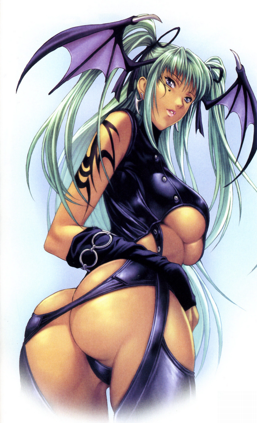 ass blue_eyes breasts cropped demon_girl earrings green_hair head_wings highres homare_(fool's_art) jewelry large_breasts leather long_hair morrigan_aensland scan solo succubus tattoo twintails underboob vampire_(game) very_long_hair
