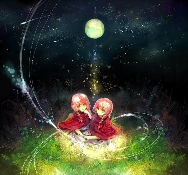 1girl artemisia bangs bow braid brother_and_sister capelet chibi_(shimon) child closed_mouth eleuseus full_moon glowing hair_bow holding_hands light_particles moira moon multicolored_hair night night_sky outdoors pink_hair plant red_bow red_eyes red_hair shooting_star siblings single_braid sky smile sound_horizon star star_(sky) streaked_hair string_lights toga twins white_hair