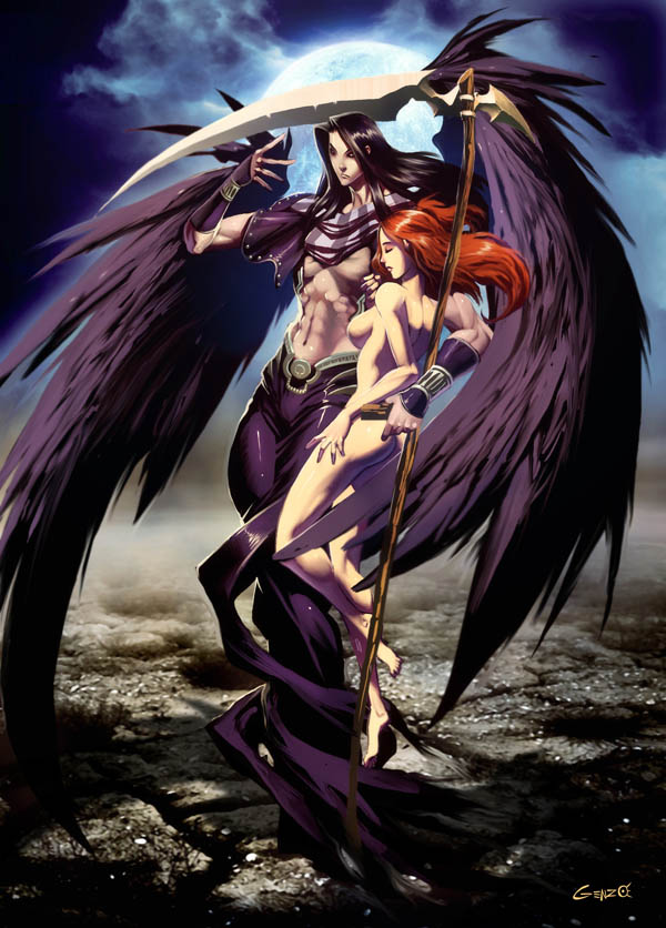 1girl back black_hair breasts clothed_male_nude_female feathered_wings genzoman greek_mythology large_breasts legs long_hair mythology nude red_hair scythe sideboob signature thanatos_(mythology) vambraces wings