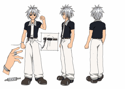 artist_request boots chain character_sheet haru_glory jewelry lowres male_focus multiple_views necklace open_clothes open_shirt rave ring shirt silver_hair spiked_hair turnaround