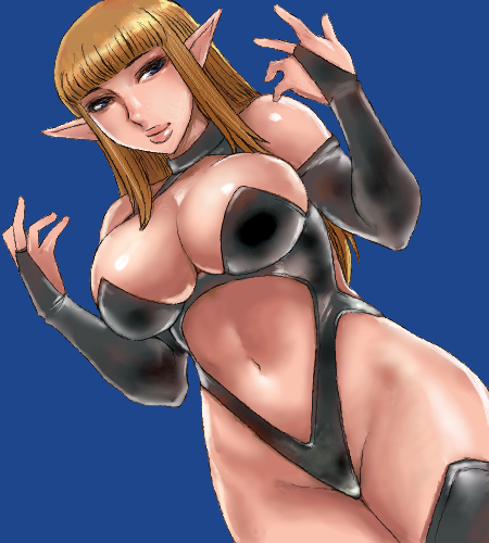 blue_background blue_eyes breasts brown_hair copyright_request curvy elbow_gloves elf gloves hips large_breasts lips long_hair lowres matoyama oekaki pointy_ears solo thick_thighs thighs