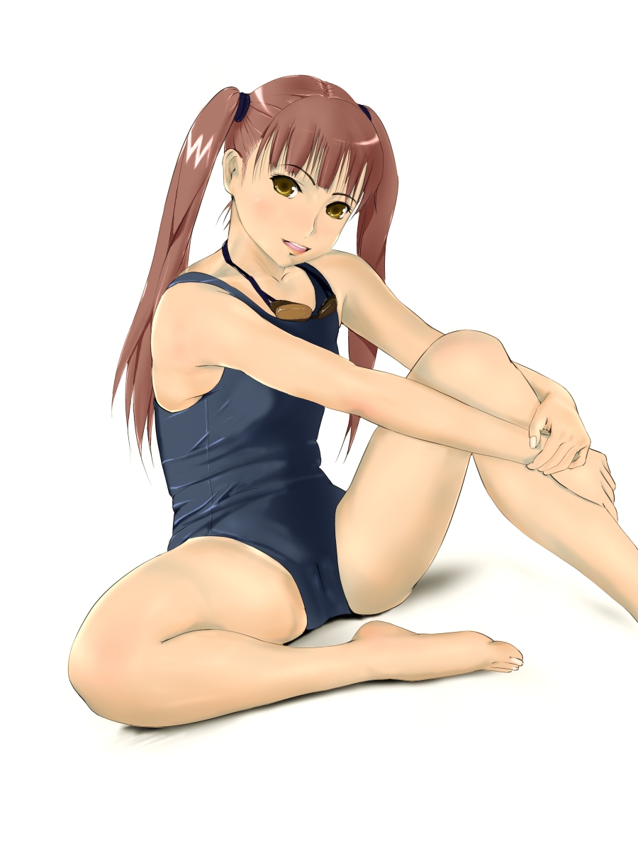 barefoot brown_hair cameltoe copyright_request feet flat_chest goggles hawoku_ishibare highres long_hair one-piece_swimsuit school_swimsuit smile solo swimsuit twintails yellow_eyes