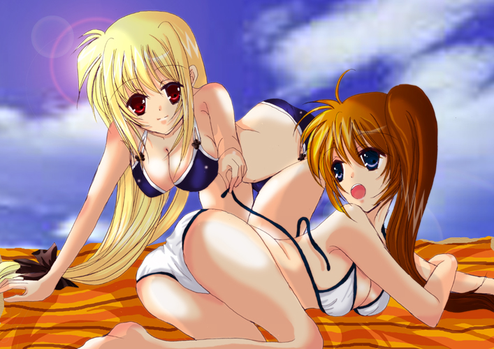 bad_id bad_pixiv_id bikini blonde_hair bow breasts brown_hair cleavage day fate_testarossa hair_bow hina_sasaki large_breasts long_hair lyrical_nanoha mahou_shoujo_lyrical_nanoha_strikers multiple_girls open_mouth purple_eyes red_eyes shirt_lift side_ponytail swimsuit takamachi_nanoha undressing very_long_hair