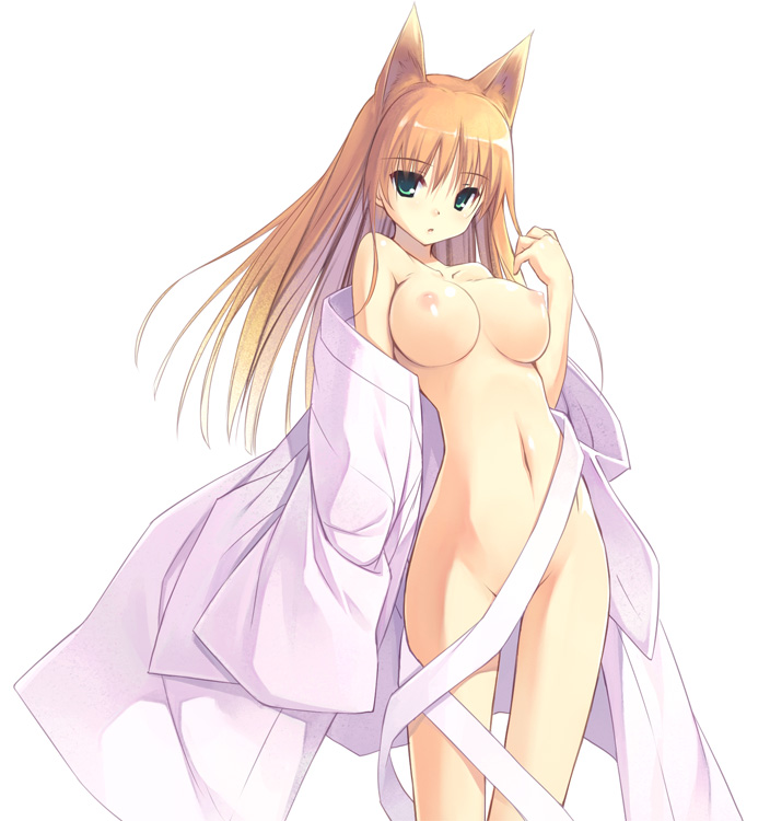 animal_ears bare_shoulders breasts convenient_censoring fox_ears green_eyes japanese_clothes kimono large_breasts long_hair navel nipples open_clothes open_kimono original poco_(asahi_age) ribbon solo standing