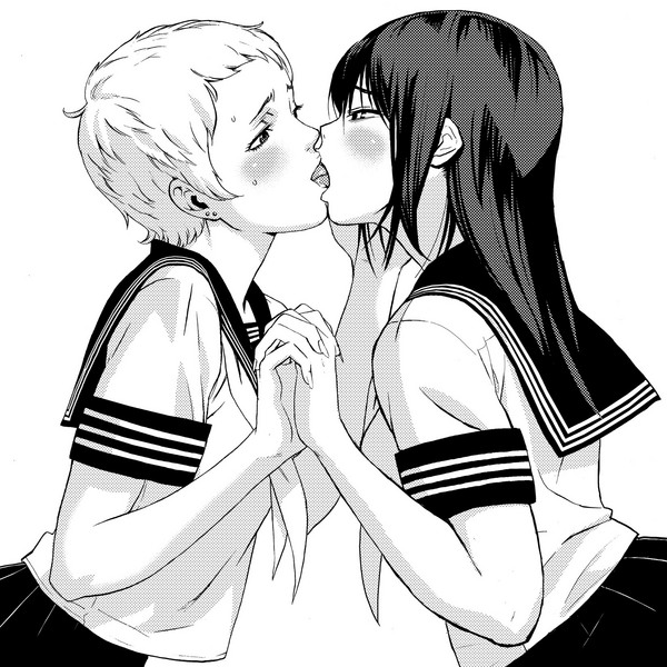 bad_id bad_pixiv_id bangs blush copyright_request couple earrings eye_contact french_kiss greyscale hand_on_another's_face holding_hands jewelry kiss kozaki_yuusuke leaning_forward long_hair looking_at_another monochrome multiple_girls pleated_skirt profile school_uniform shirt short_hair simple_background skirt sweat tongue upper_body yuri
