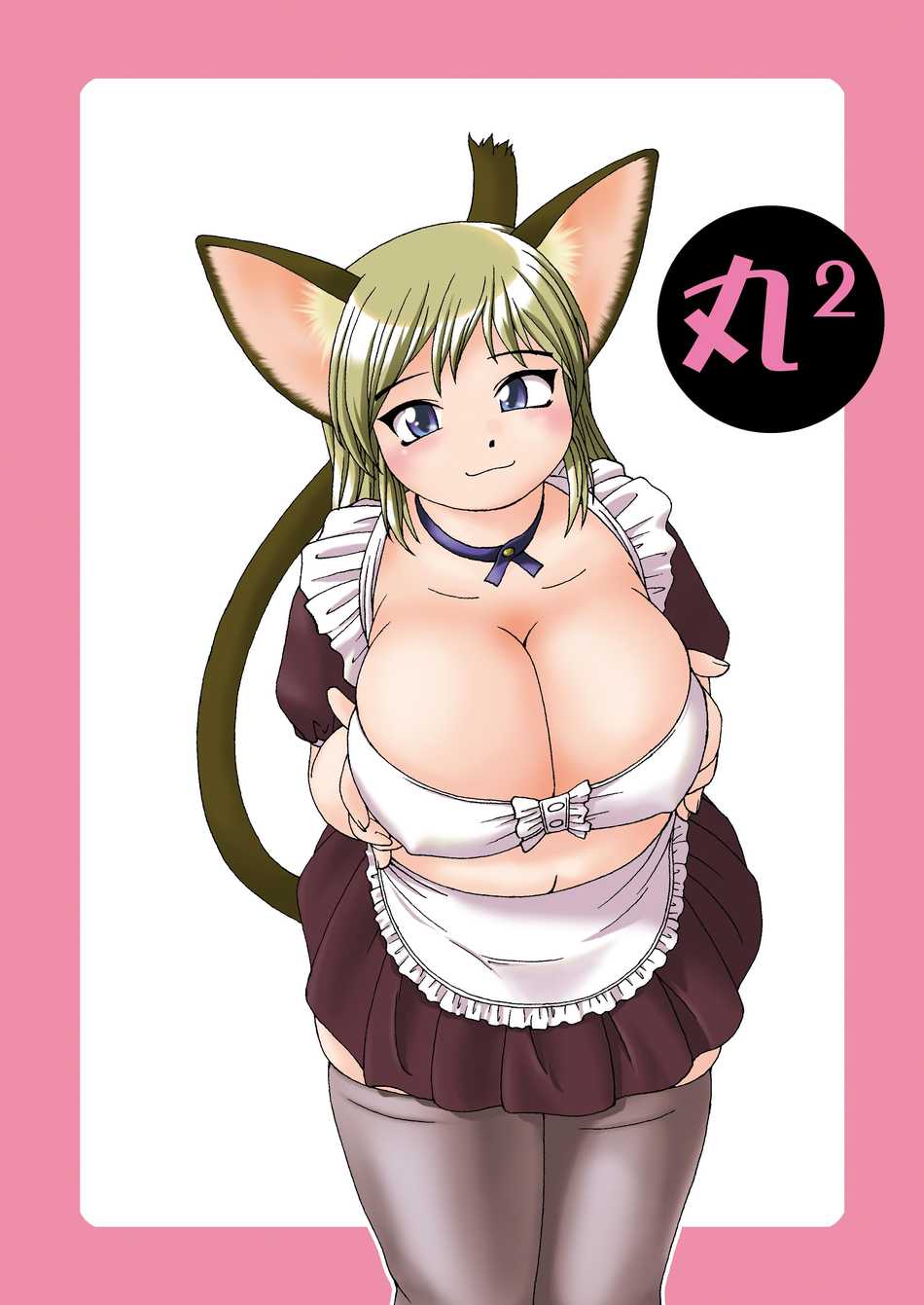 1girl animal_ears blonde_hair blue_eyes blush breasts cat_ears cat_tail chubby cleavage curvy fat highres huge_breasts kato_hayabusa long_hair maid plump ribbon solo tail thighhighs