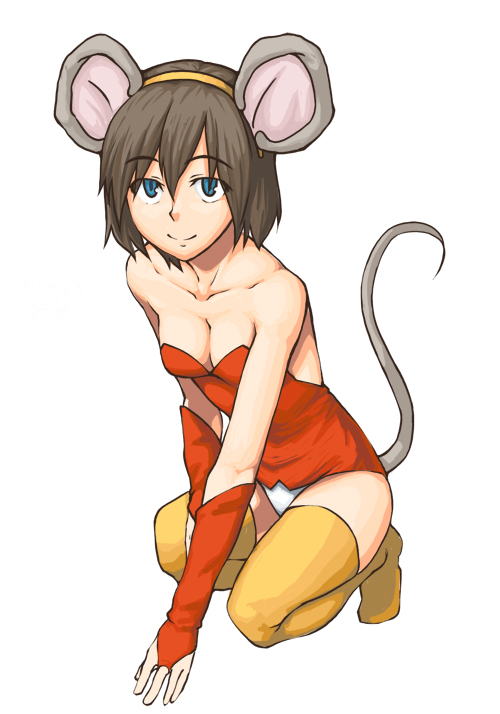 animal_ears arm_support bare_shoulders blue_eyes breasts bridal_gauntlets brown_hair cleavage copyright_request gloves medium_breasts mouse_ears mouse_tail panties pantyshot pantyshot_(squatting) sajipen short_hair smile solo squatting tail thighhighs underwear yellow_legwear