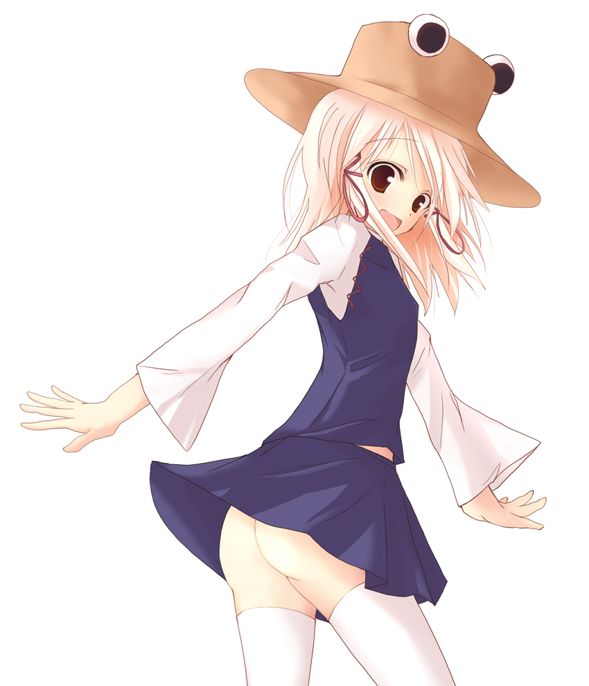 blonde_hair eyes hat moriya_suwako no_panties ribbon rikudou_inuhiko short_hair solo thighhighs touhou