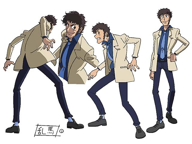 angry black_eyes black_hair character_sheet cinderella_boy clenched_teeth fighting_stance formal from_behind hand_on_hip hinamatsuri_ranma jacket kobayashi_toshimitsu male_focus messy_hair multiple_views necktie official_art sideburns simple_background smile smirk suit teeth turnaround upper_body