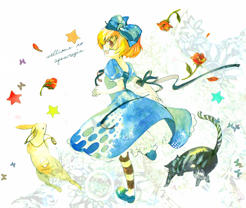 alice_(wonderland) alice_(wonderland)_(cosplay) alice_in_wonderland artist_request blonde_hair boots bunny cat cheshire_cat clock cosplay dress flower hairband higurashi_no_naku_koro_ni houjou_satoko parody pocket_watch red_eyes short_hair socks watch white_rabbit