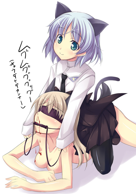 animal_ears bdsm black_legwear blindfold blonde_hair blood blush breasts bridle cat_ears couple eila_ilmatar_juutilainen gag gagged green_eyes long_hair lying medium_breasts multiple_girls necktie non-web_source nosebleed nude on_stomach pantyhose riding sanya_v_litvyak shimakaze short_hair silver_hair sitting sitting_on_person skirt strike_witches tail translated world_witches_series yuri