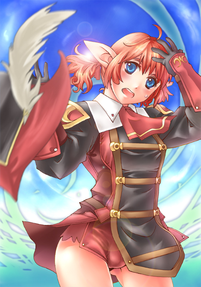 ahoge bad_id bad_pixiv_id blue_eyes blurry blush cameltoe depth_of_field elf elvaan final_fantasy final_fantasy_xi hat lens_flare open_mouth pointy_ears red_hair red_mage side_ponytail solo sweatdrop wind wind_lift wool-1