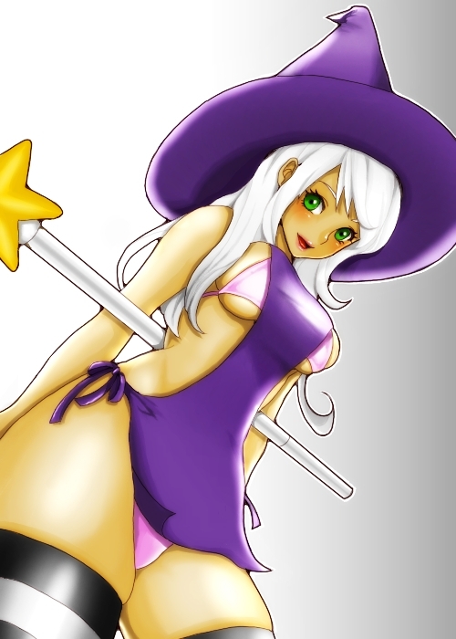 blush breasts copyright_request from_below green_eyes hat large_breasts long_hair otama panties pantyshot perspective solo thighhighs underboob underwear wand white_hair witch witch_hat
