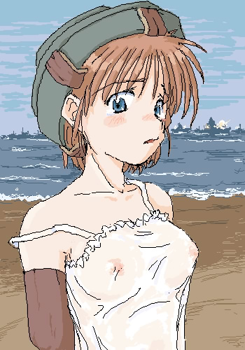 bare_shoulders beach blue_eyes breasts brown_hair camisole day elbow_gloves explosive gloves hat kirio_(ccr00235) lowres medium_breasts military mine_(weapon) nipples ocean oekaki original personification see-through ship short_hair solo strap_slip watercraft weapon