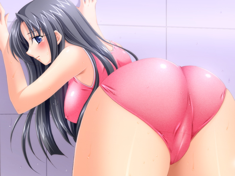 against_wall ass bent_over black_hair blue_eyes blush breasts covered_nipples game_cg hikoukai hongou_marina large_breasts looking_back non-web_source one-piece_swimsuit profile shiofuki_mermaid solo swimsuit trefoil wet