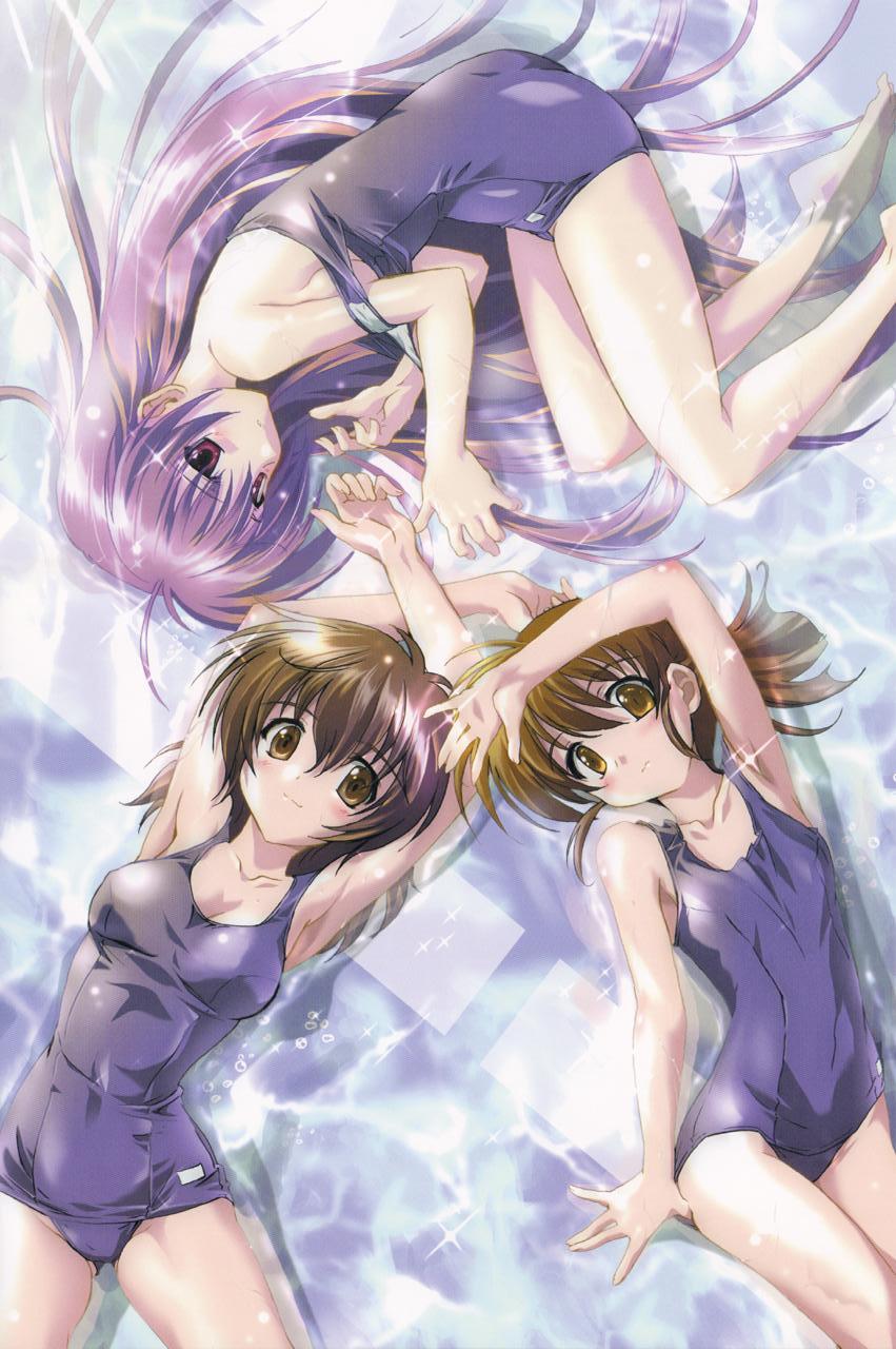 ahoge arm_up armpits arms_up asaba_yuuko back bangs bare_shoulders barefoot blush breasts brown_eyes brown_hair bubble embarrassed feet fingernails flat_chest from_above frown hair_between_eyes highres iriya_kana iriya_no_sora_ufo_no_natsu komatsu_eiji legs long_fingernails long_hair looking_at_viewer lying medium_breasts multiple_girls official_art on_back on_side one-piece_swimsuit pink_eyes ponytail purple_hair reflection school_swimsuit shadow shallow_water sideboob sidelocks sparkle strap_slip submerged sudou_akiho swimsuit swimsuit_pull very_long_hair water wet yellow_eyes