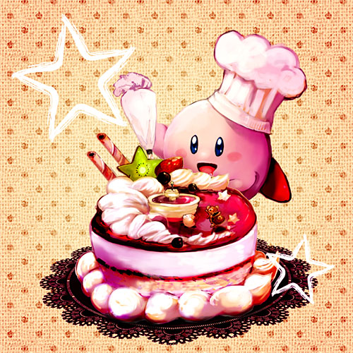 chef_hat cooking copy_ability food fruit hat icing king_dedede kirby kirby_(series) lowres no_humans pastry pastry_bag sepia_background sin_(hitonatsu) starfruit strawberry toque_blanche when_you_see_it