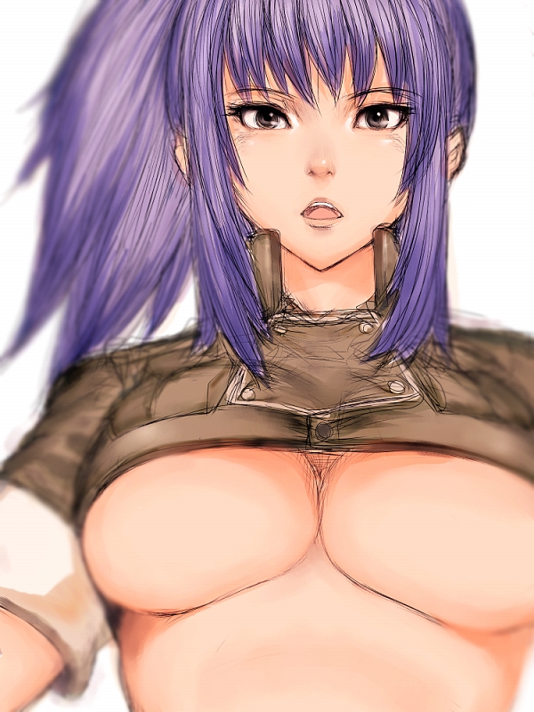 breasts fumio_(rsqkr) large_breasts leona_heidern ponytail purple_hair sleeves_rolled_up solo the_king_of_fighters underboob
