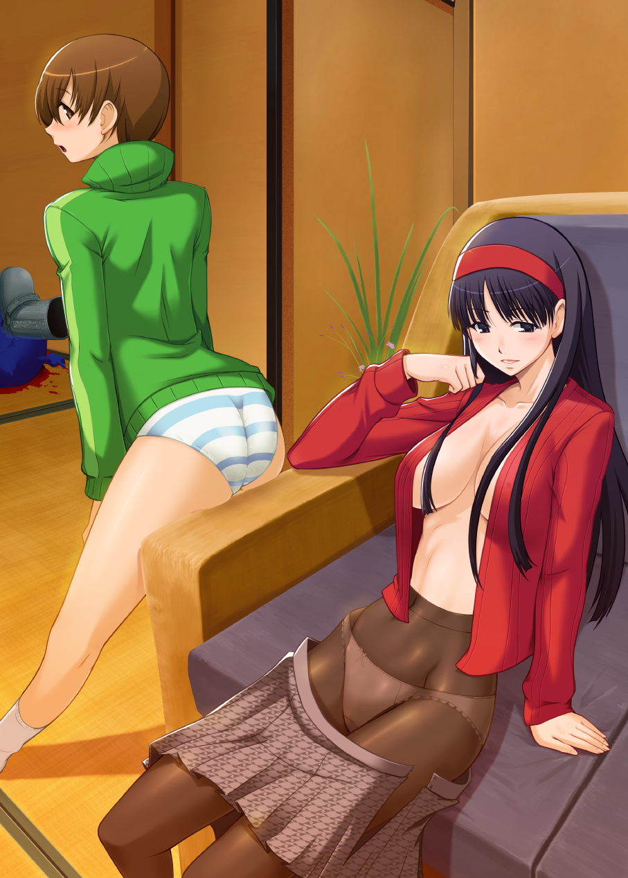 amagi_yukiko arm_support ass back black_hair blood blue_panties blush bow bow_panties breasts brown_hair death hairband hands_on_thighs highres kuma_(persona_4) lace lace-trimmed_panties large_breasts leaning_back leaning_forward long_hair looking_back multiple_girls murder no_bra no_pants open_clothes open_shirt open_skirt panties panties_under_pantyhose pantyhose persona persona_4 satonaka_chie shirt short_hair sitting skirt skirt_pull striped striped_panties taru_neko underwear white_legwear white_panties
