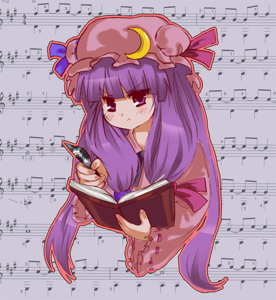 beamed_eighth_notes book half_note hat long_hair musical_note natural_sign noorrzz patchouli_knowledge purple_eyes purple_hair quarter_note ribbon sharp_sign sheet_music solo time_signature touhou treble_clef whole_note