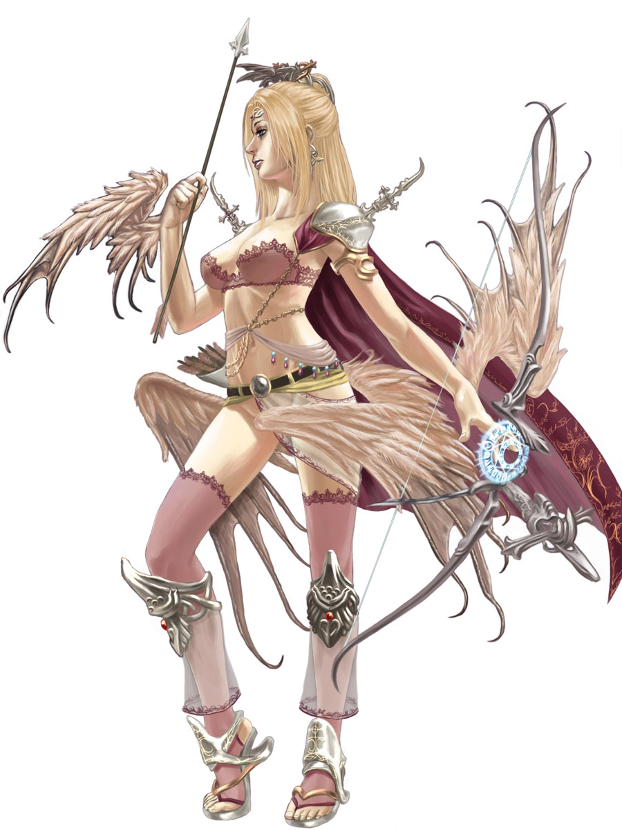 armor arrow blonde_hair blue_eyes bow_(weapon) bra cape final_fantasy final_fantasy_iv highres lingerie long_hair minh_do navel rosa_farrell sandals solo thighhighs underwear weapon wings