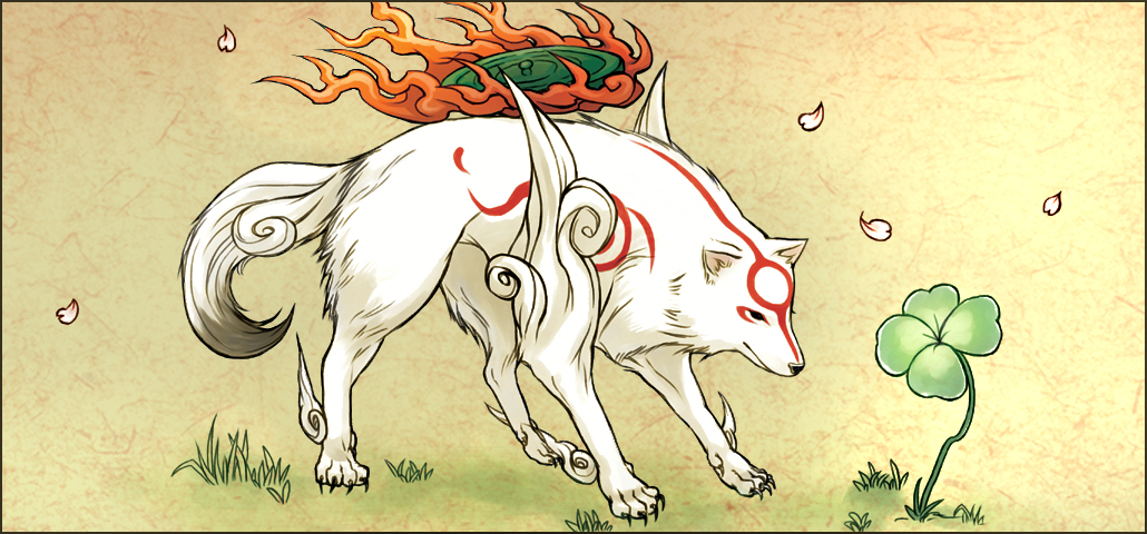 animal bodypaint clover fire flame four-leaf_clover full_body fur no_humans ookami_(game) plant torashiro_eiji wolf