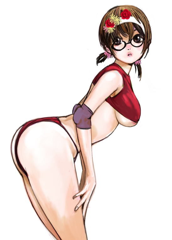 areolae ass breasts brown_eyes brown_hair elbow_pads glasses hairband kazaana large_breasts leaning_forward original short_hair solo twintails underboob