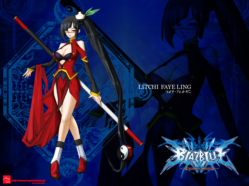 1024x768 1girl 4:3 arc_system_works black_bra black_hair blazblue blazblue:_calamity_trigger bra breasts china_dress chinese_clothes cleavage dress glasses lao_jiu litchi_faye_ling long_hair panda staff underwear wallpaper weapon